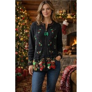 Heirloom Collectibles Christmas Embroidered Zip Front Cardigan Sweater Medium